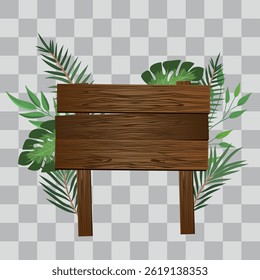 Wooden board sign blank promotion and decoration with transparent background. Wood banner billboard in old vintage style with green tropical leaf
