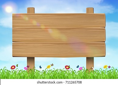 wooden board sign on grass sky background