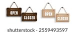 Wooden board signs with open closed business status displayed on hanging displays. Dark brown and beige stylish wood textured plaques mounted with rope. Shop entrance labels for retail store front.