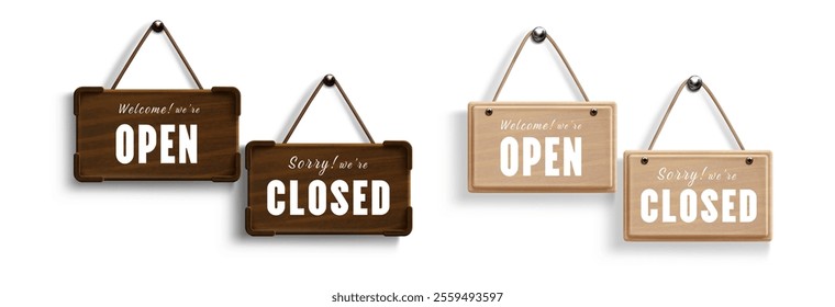 Wooden board signs with open closed business status displayed on hanging displays. Dark brown and beige stylish wood textured plaques mounted with rope. Shop entrance labels for retail store front.