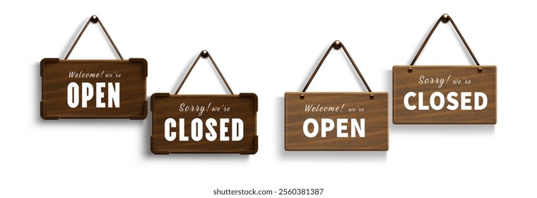 Wooden board signs with open closed business status displayed on hanging displays. Dark brown and beige stylish wood textured plaques mounted with rope. Shop entrance labels for retail store front.