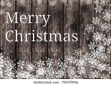 Wooden board with snowflakes and text Merry Christmas. Vector background EPS 10.