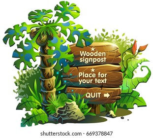 Wooden board for text in jungles. Vector illustration. Background with a palm tree for decoration.