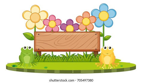 Wooden board with two frogs in garden illustration