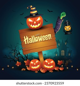 Holzbrett mit Teufelshut. Frohe Halloween Poster, Flyer, Banner kreatives Design. abstraktes Vektorgrafik-Design