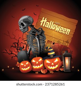 wooden board wearing devil hat. happy Halloween poster, flyer, banner creative design. vector illustration design