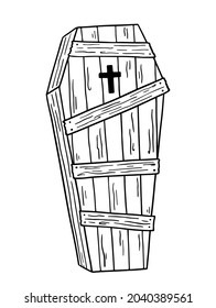 Wooden boarded up coffin with a cross isolated on white background. Hand-drawn vector illustration in doodle style. Perfect for Halloween designs, cards, logo