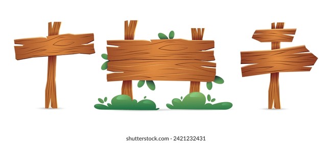 Wooden boards in cartoon style. Sets of rustic boards, arrow sign indicating direction. Vector illustration isolated on a white background