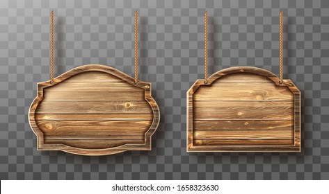 Wooden boards hang on ropes set. Realistic signboards with wood texture, banners or labels for bar or saloon in rustic style. Blank vintage plank panels for menu or pub entrance 3d vector illustration