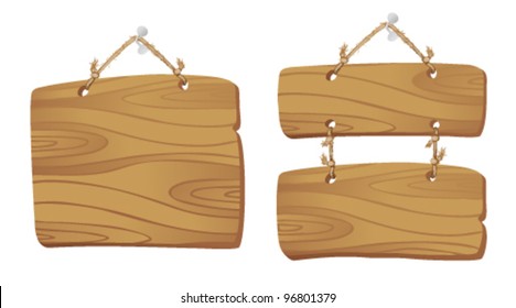 Wooden boards hanging on a cord.