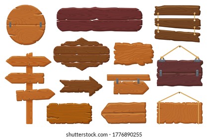 Wooden boards. Rustic wooden signboard, empty banners, hanging billboard and retro wood signs vector illustration icons set. Board wooden vintage, road banner panel arrow