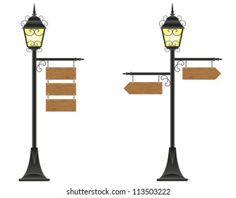 wooden boards signs hanging  on a streetlight vector illustration isolated on white background