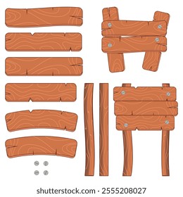 Wooden boards, sticks and nails for creating signs and other design elements. Vector set