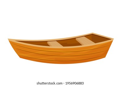 Wooden boat, canoe in cartoon flat style isolated on white background. Fishing equipment for lake or sea. Retro small transport.