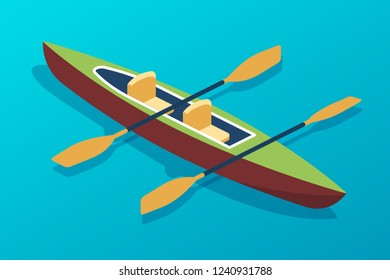 Wooden boat canoe with oars. Water transport, fishing boat, travel and hobbies. Transport for entertainment, attractions, river rafting and sea holidays on a trip. Isometric vector.