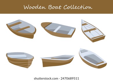 wooden boat collection. wooden boat in different poses. Vector illustration.