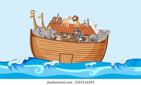 A wooden boat filled with animals floats on the ocean waves