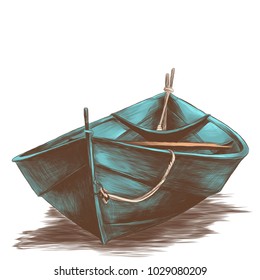 wooden boat floating on water sketch vector graphics colored drawing