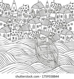 Wooden boat floating on the waves. Seaside, homes, boat, sea, art background.  Hand-drawn doodle vector. Zentangle style. Black and white pattern for adult coloring book. 