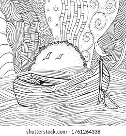 Wooden boat floating on the waves. Waves, boat, sea, art background. Hand-drawn doodle. Zentangle style. Pattern for adult coloring book. Black and white.