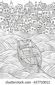 Wooden boat floating on the waves. Seaside, homes, boat, sea, art background.  Hand-drawn doodle vector. Zentangle style. Black and white pattern for adult coloring book. 