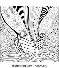 Wooden boat floating on the waves. Hand-drawn doodle. Zentangle style. Pattern for adult coloring book. Black and white.