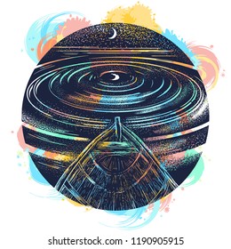 Wooden boat floats to horizon watercolor splashes style. Symbol of dream, imagination, travel, meditation, t-shirt design. Moon at the night time on sea tattoo. Lunar reflection. Drop of water 