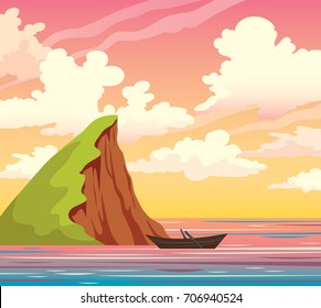Wooden boat, green island, calm sea and sunset sky with cumulus clouds. Summer natural vector landscape. 