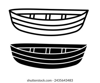 Wooden boat icon. black filled and outlined style boat icon set on white background