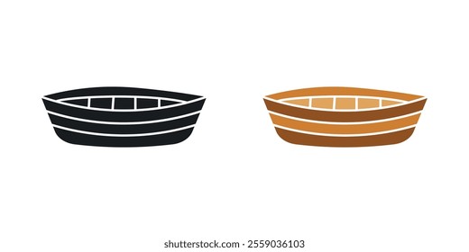 Wooden boat icons in black and colored version