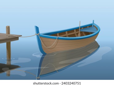 Un barco de madera es amarrado en el muelle, ilustración vectorial aislada, eps