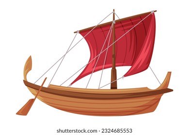 Wooden Boat with Oar as Greece Object and Traditional Cultural Symbol Vector Illustration