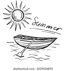 Barco de madeira com remo está navegando na água com um sol brilhando brilhante em preto escova curso textura isolada no branco. Ilustração de esboço de vetor desenhado à mão em tinta de carvão vegetal. Conceito de verão