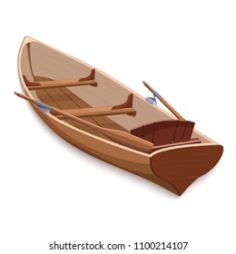 Wooden boat with oars, colorful graphic drawing, vector illustration. Skiff from brown wooden boards with two paddle and seats, isolated on white background