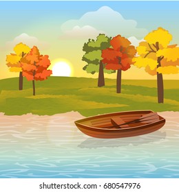 Wooden boat with oars, floating on a lake or river. Meadow and trees with autumn leaves. Rising sun and clouds in the sky. Vector landscape can be used in newsletter, brochures, postcards, banner.
