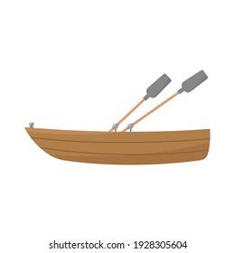 Wooden boat with oars icon. Side view. Colored silhouette. Vector flat graphic illustration. The isolated object on a white background. Isolate.