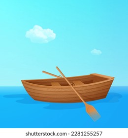 Wooden boat with oars on the background of the sea sky and clouds. Vector illustration.