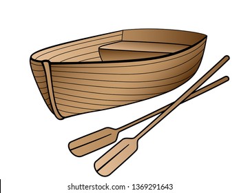 Wooden boat with oars. Rowing boat for romantic walks on the lake or the sea. Lifeboat made of wood. Boat - linear image with a gradient.