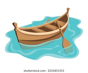 Wooden boat with oars vector illustration isolated on white.