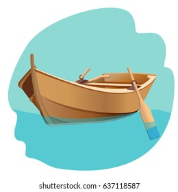 Wooden boat with oars vector illustration isolated on white.