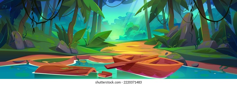 Wooden boat on lake in jungle forest. Summer landscape of tropical rainforest with trees, plants, lianas, path, pond and empty rowboat with oar, vector cartoon illustration