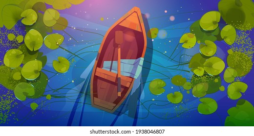Wooden boat on lake top view, skiff with paddle