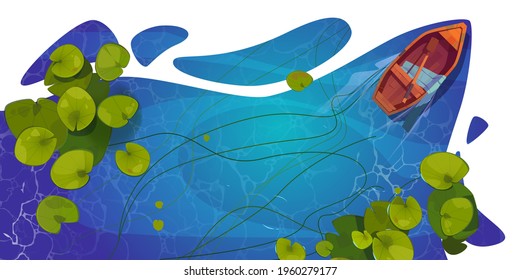 Wooden boat on lake top view, skiff with paddle and silk scarf on wild pond with nenuphars or water lily pads. Natural background with lotus leaves, green waterlily plants, Cartoon vector illustration