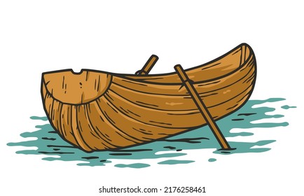 Wooden boat on the river. Kayak or canoe with paddle. Nature adventure outdoor adventure design