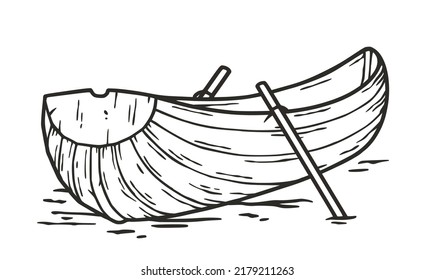 Wooden boat on the river. Kayak or canoe with paddle. Nature adventure outdoor adventure design