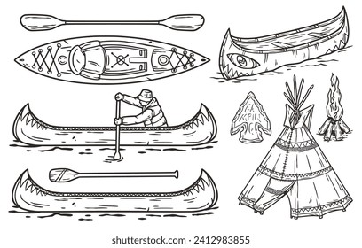 Wooden boat on the river. Kayak or canoe with paddle. Nature adventure outdoor adventure design
