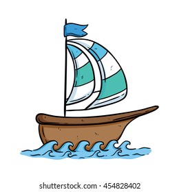 Wooden boat on the sea with doodle art