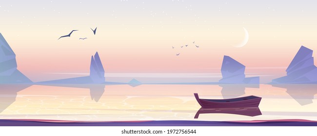 Wooden boat on sea, lake or pond scenery landscape, picturesque nature background with lonely skiff floating on calm water at early morning with birds flying in pink sky, Cartoon vector illustration