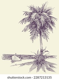 Wooden boat on sea shore, palm tree on the beach drawing