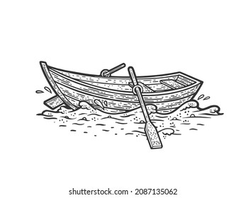 Wooden boat on water waves sketch engraving vector illustration. T-shirt apparel print design. Scratch board imitation. Black and white hand drawn image.